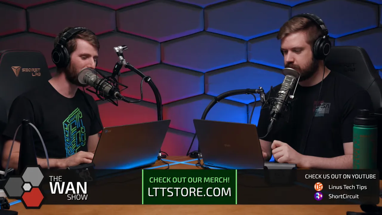 The WAN Show hosts reading the MetaDock ad